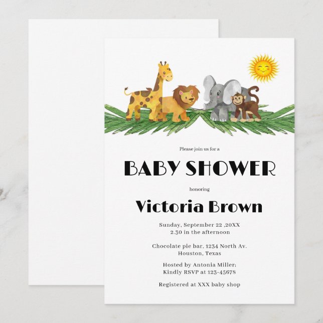 Safari Animals Baby Shower Invitation Inbjudningar (Fram/baksida)