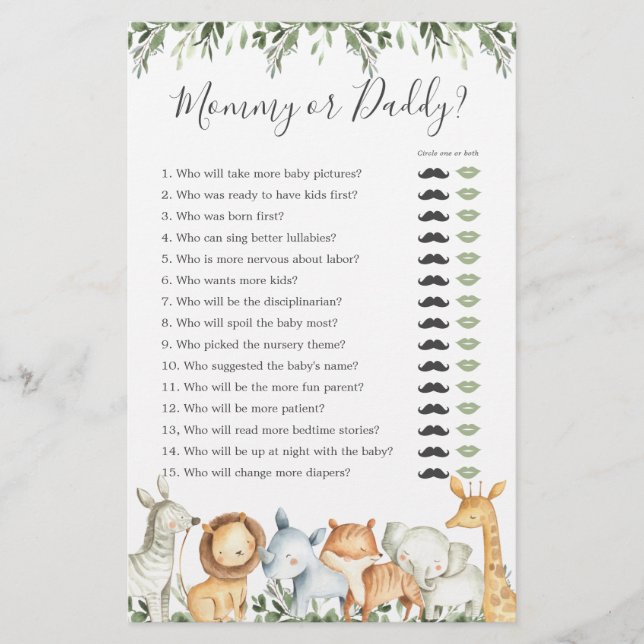 Safari Animals Baby Shower Mamma eller pappa Game (Framsida)