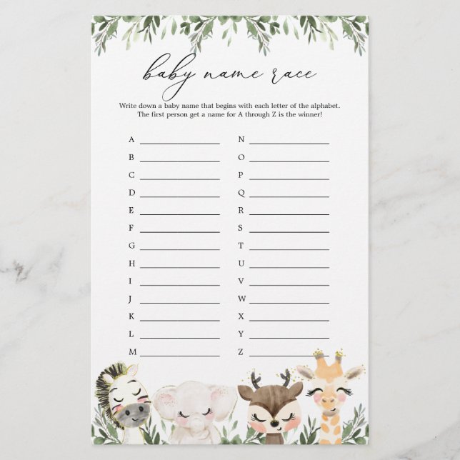 Safari Animals Baby Shower Namn Tävling Game (Framsida)