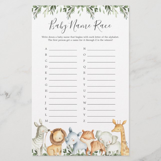 Safari Animals Baby Shower Namn Tävling Game (Framsida)