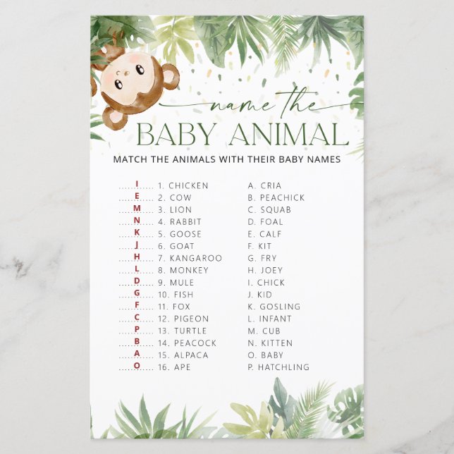 Safari Animals Baby Shower Namn vid Baby djur (Framsida)