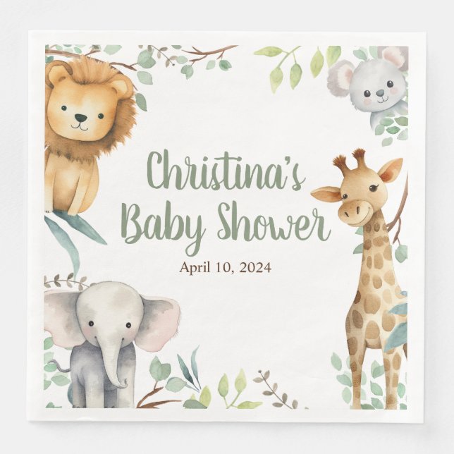 Safari Animals Baby Shower Napkins Pappersservett (Framsida)