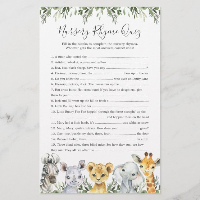 Safari Animals Baby Shower Nursery Rhyme Quiz Game (Framsida)