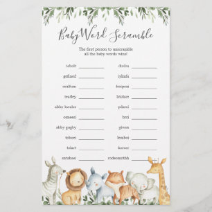 Safari Animals Baby Shower Ord Scramble Game
