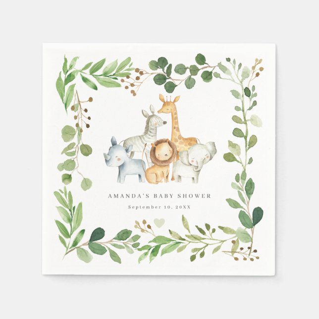 Safari Animals Baby Shower Party Paper Napkins Pappersservett (Framsidan)