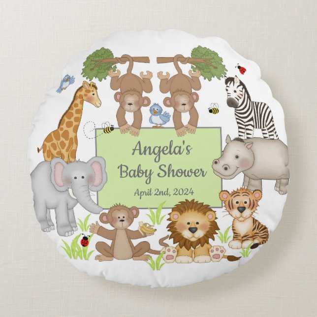 Safari Animals Baby Shower Party Rund Kudde (Framsidan)