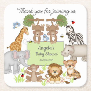 Safari Animals Baby Shower Party Underlägg Papper Kvadrat
