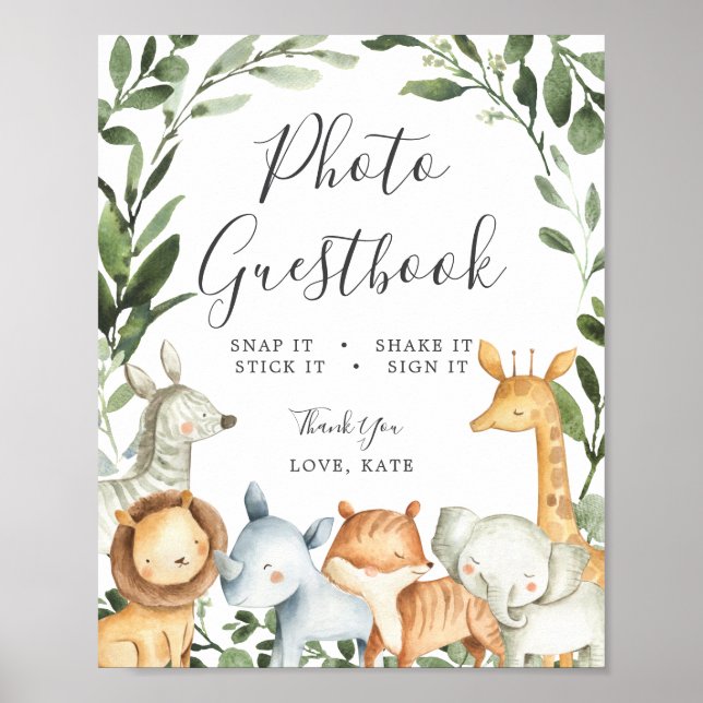 Safari Animals Baby Shower Photo Guestbook-tecken Poster (Framsidan)