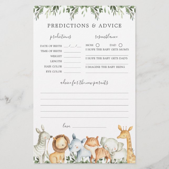 Safari Animals Baby Shower Predications and Advice (Framsida)