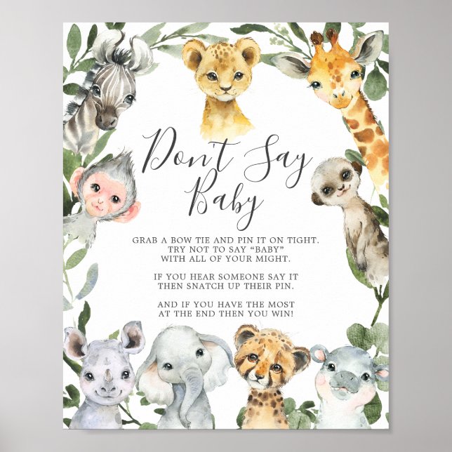 Safari Animals Baby Shower Säg inte att Baby skriv Poster (Framsidan)