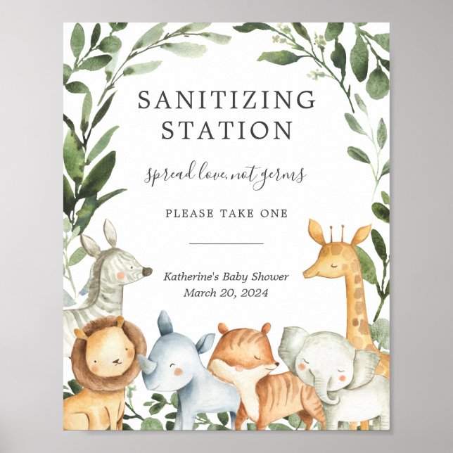 Safari Animals Baby Shower Sanitizing Station Sign Poster (Framsidan)