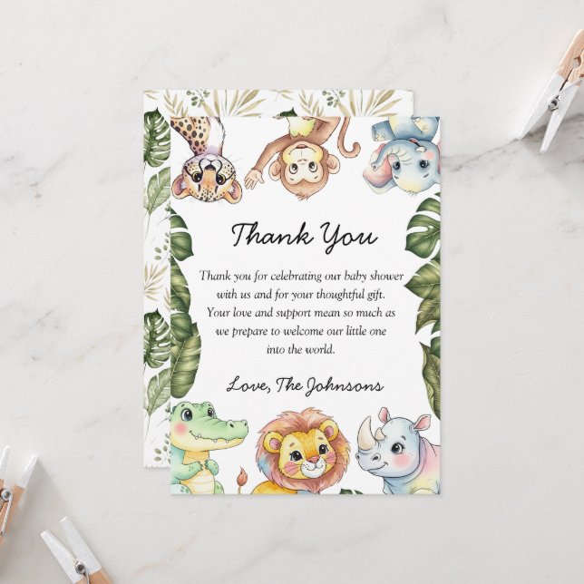Safari Animals Baby Shower Thank You Card (Fram/Back In Situ)