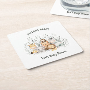 Safari Animals Baby Shower Välkommen Baby Underlägg Papper Kvadrat