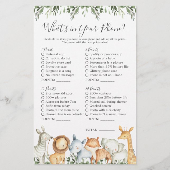 Safari Animals Baby Shower What's in Your Mobil (Framsida)