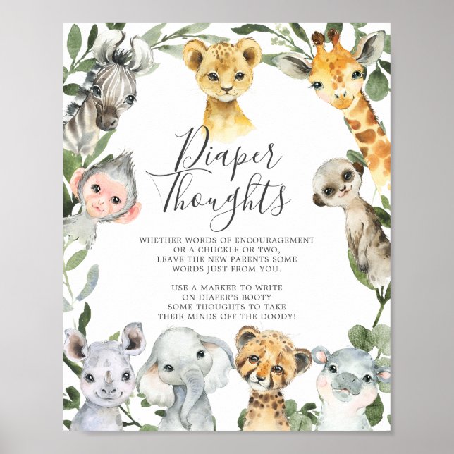 Safari Animals Babyskabruk Diaper Thoughts Sign Poster (Framsidan)