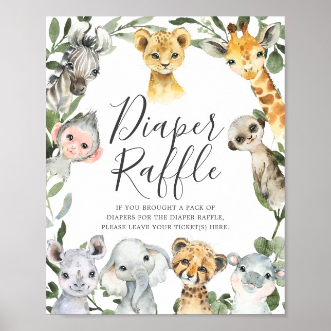Safari Animals babyskor Diaper Raffle Sign Poster (Framsidan)