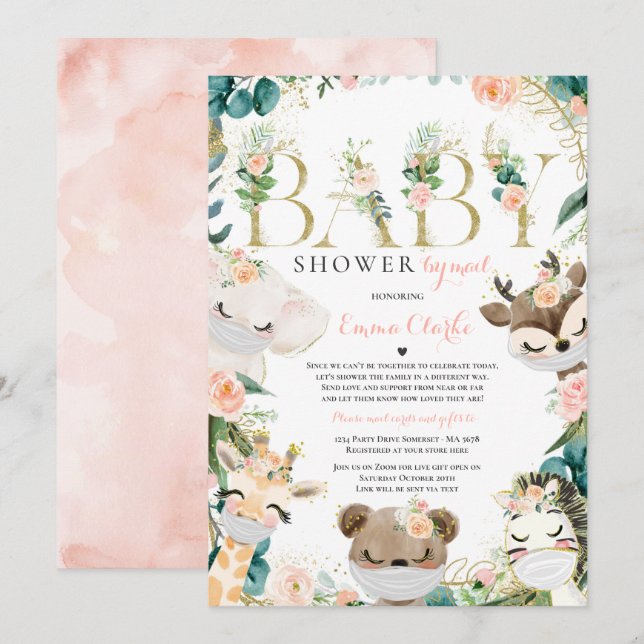 Safari Animals babyskor efter Mail Greenery Guld Inbjudningar (Fram/baksida)