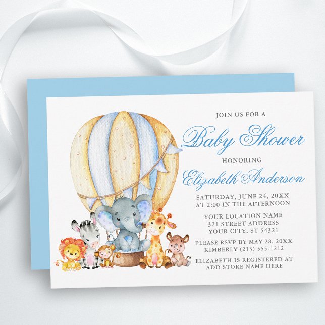 Safari Animals Ballon Baby Shower Blue Silver i Lu Inbjudningar (Customize to change text color, size, text style or change color of back of card.)