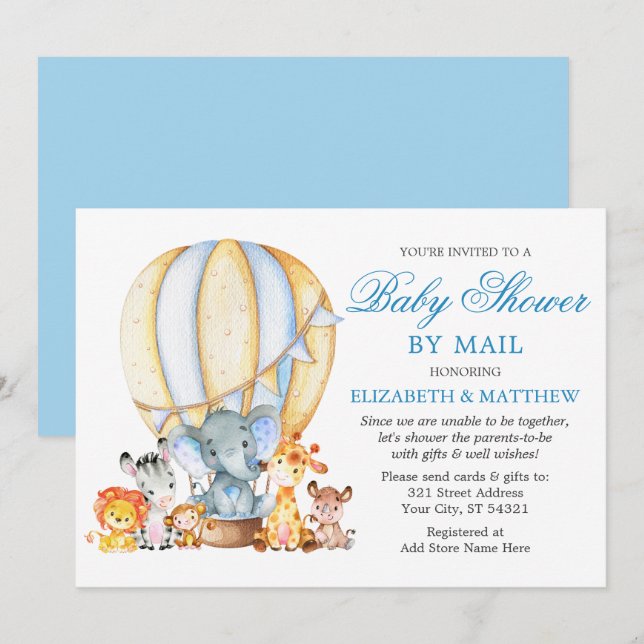 Safari Animals Ballon Blue Baby Shower by Mail Inbjudningar (Fram/baksida)