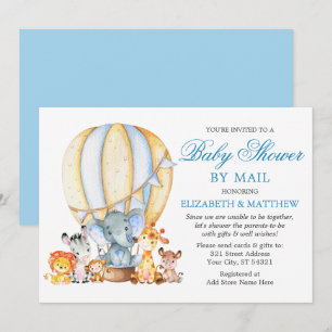 Safari Animals Ballon Blue Baby Shower by Mail Inbjudningar