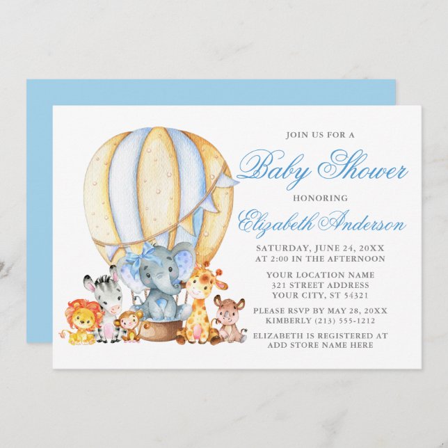 Safari Animals Ballon Blue Bow Baby Shower Luft Inbjudningar (Fram/baksida)