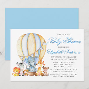 Safari Animals Ballon Blue Bow Baby Shower Luft Inbjudningar