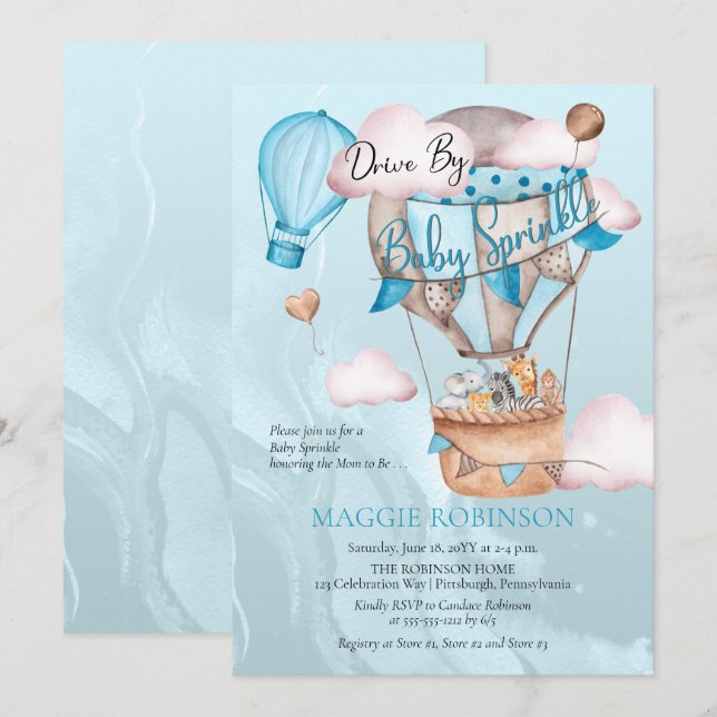 Safari Animals Balloons Drive by Boy Baby Sprinkle Inbjudningar (Fram/baksida)