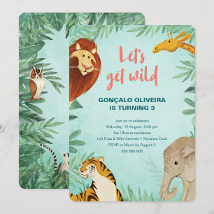 Safari Animals Birthday Jungle Party Boy Lets Vild Inbjudningar