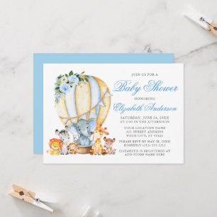 Safari Animals Blommigt Luft Ballon Blue Baby Show Inbjudningar