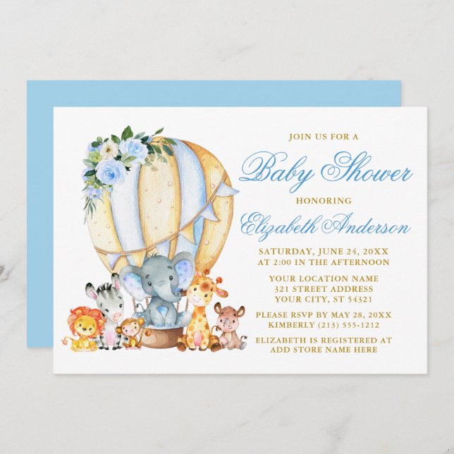 Safari Animals Blue Blommigt Luft Balloon Baby Sho Inbjudningar (Fram/baksida)
