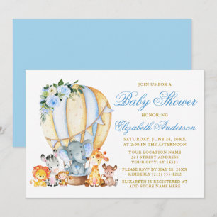 Safari Animals Blue Blommigt Luft Balloon Baby Sho Inbjudningar