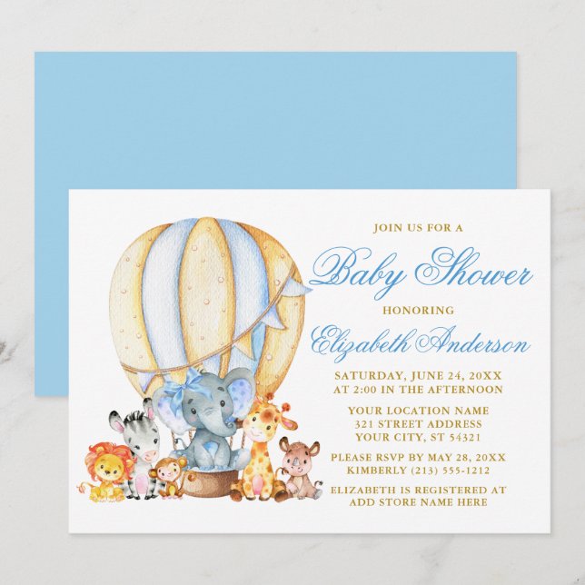 Safari Animals Blue Bow Air Balloon Baby Shower Inbjudningar (Fram/baksida)