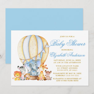 Safari Animals Blue Bow Air Balloon Baby Shower Inbjudningar