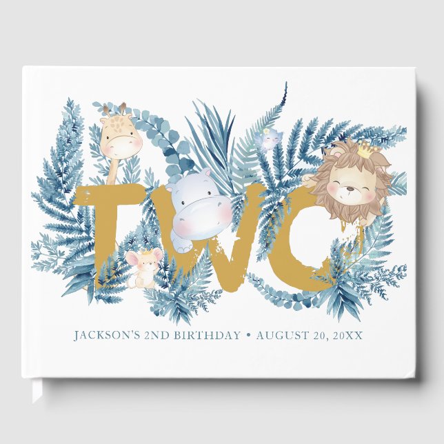 Safari Animals Blue Boy 2:a födelsedagen Gästböcker (Framsida)