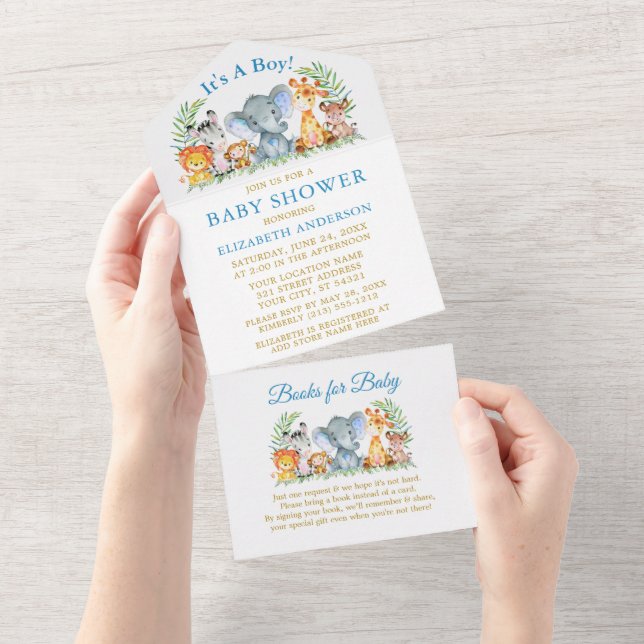 Safari Animals Blue Guld Baby Shower and Bokar (Avrivbar del)