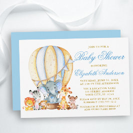 Safari Animals Blue Luftballong Baby Shower Inbjudningar
