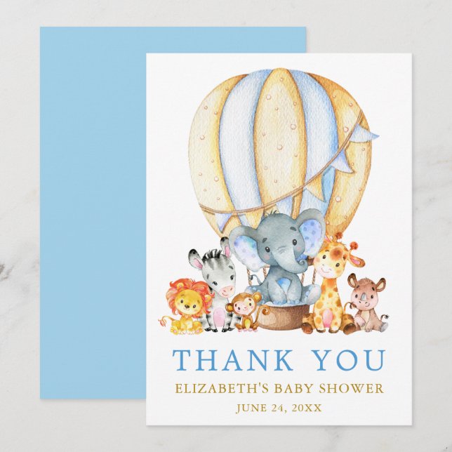 Safari Animals Blue Luftballong Baby Shower Tack Kort (Fram/baksida)