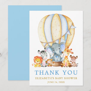 Safari Animals Blue Luftballong Baby Shower Tack Kort