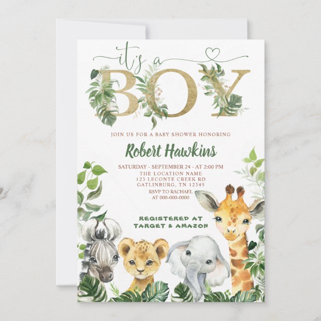 Safari Animals Boy Baby Shower-inbjudan Inbjudningar (Framsida)