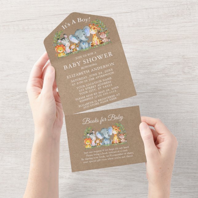 Safari Animals Boy Baby Shower och Bokar Kraft (Avrivbar del)
