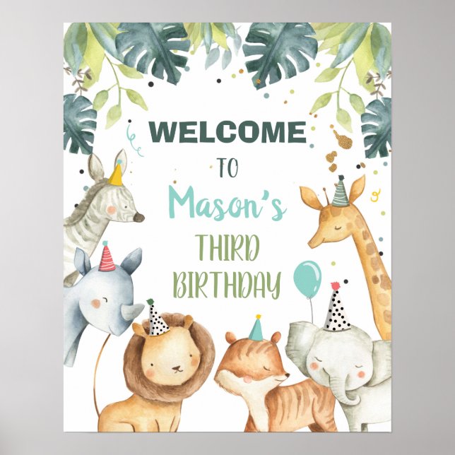 Safari Animals Boy Birthday Välkommen Bord-signatu Poster (Framsidan)