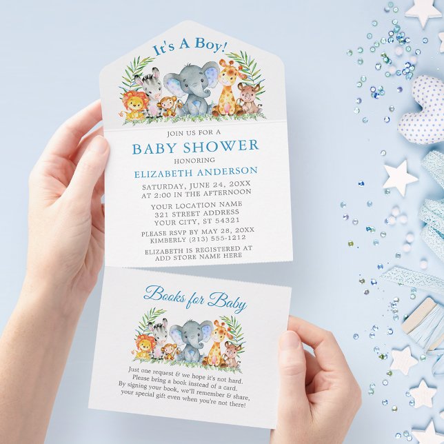 Safari Animals Boy Blue Shower and Bokar (All In One Baby Shower Invitation with Books for Baby tear off card.)