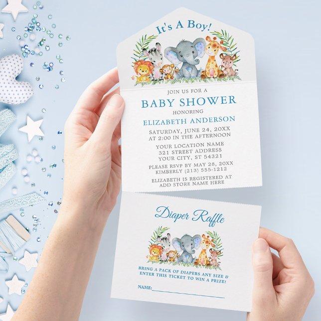 Safari Animals Boy Blue Shower and Raffle (All In One Baby Shower Invitation with Diaper Raffle tear off card.)