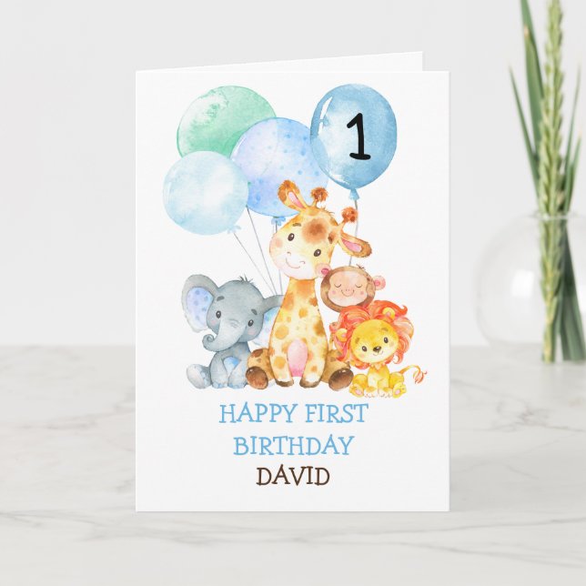 Safari Animals Boy Fist Birthday Cute 1:a födelsed Kort (Framsida)