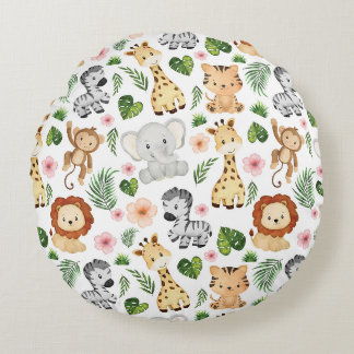 Safari Animals - Cute safari baby djur Rund Kudde