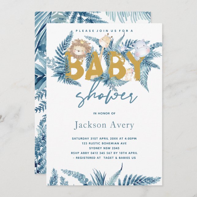 Safari Animals Exotic Baby Shower Inbjudningar (Fram/baksida)