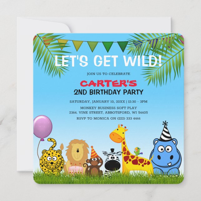 Safari Animals färgstarka Barns födelsedag Party Inbjudningar (Framsida)