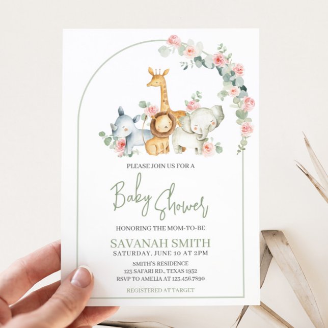 Safari Animals Floral Baby Shower  Inbjudningar (Greenery Safari Animals Baby Shower Invitation)