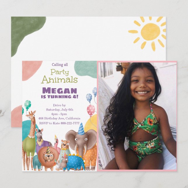 Safari Animals födelsedag med foto Inbjudningar (Fram/baksida)