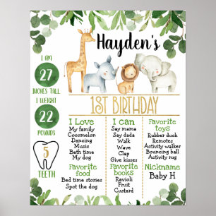 Safari Animals Foilage 1a Birthday Milestone Poster